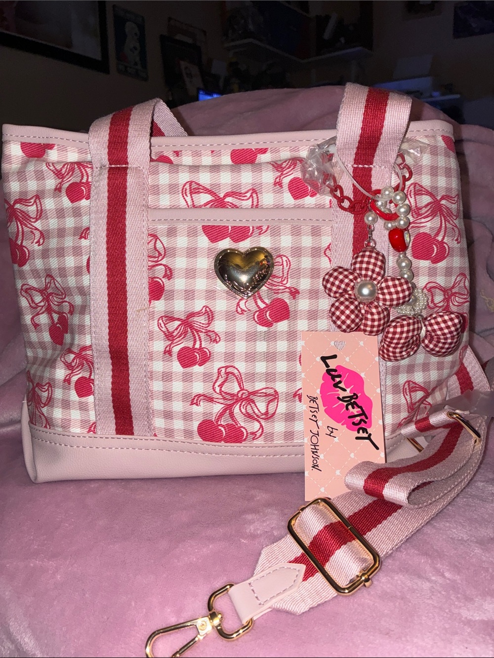 Pink Cherry Gingham Tote Bag with Heart Accent